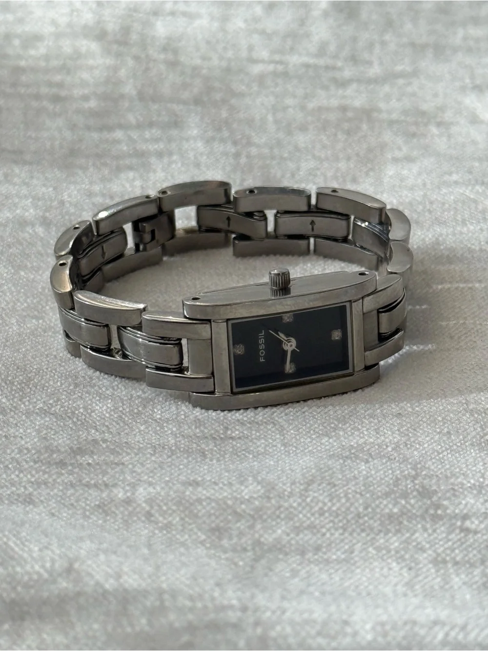 Fossil Silver Stainless Steel Bracelet Watch with Black Dial